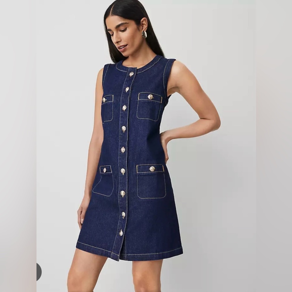 Ann Taylor Denim Mini Sheath Dress with Gold Hardware Size 2